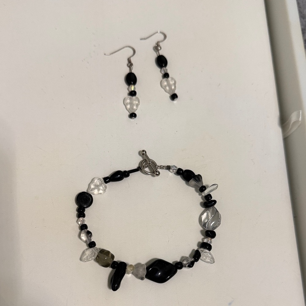 Handcrafted Black and Clear Beaded Bracelet and Earrings Set